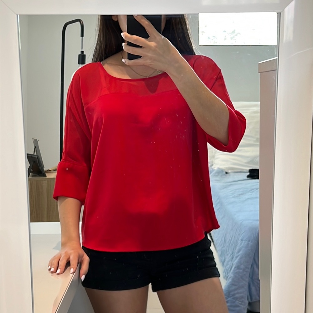 EXPRESS XS Women Red dolman sleeve elegant top sheer shoulder back straps